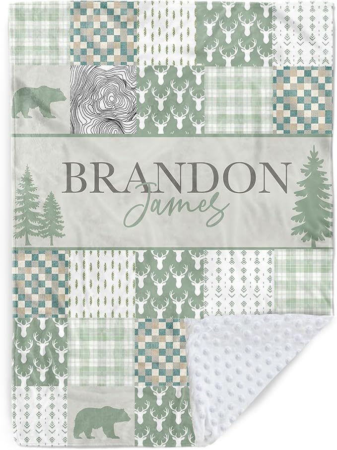 Personalized Rustic Woodland Baby Blanket - Custom Name Bear & Deer Design, Soft Blanket with Double Layer Dotted Backing for Infants Toddlers, Ideal Nursery Decor (30”x40)