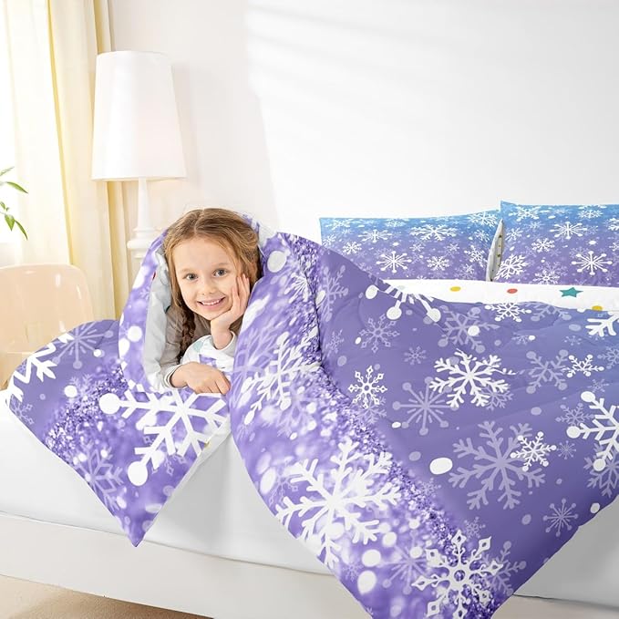 Feelyou Blue and Purple Snowflake Bedding Set Soft for Boys Girls, Winter Snowflake Comforter Set King Size Christmas Duvet Quilt Microfiber Holiday New Year Bedroom Decor 3 Pcs with 2 Pillow Cases