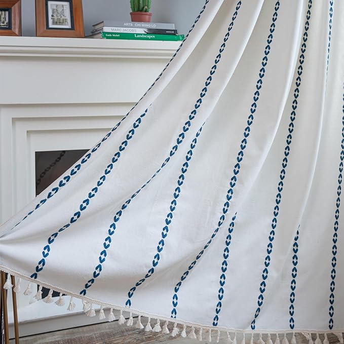 Deeprove Navy Blue Boho Curtains 63 inches Length for Kitchen, Vintage Bohemian Embroidery Farmhouse Cotton Linen Striped French Country Tassel Window Treatments Decor, W52 x L63, 1 Panel