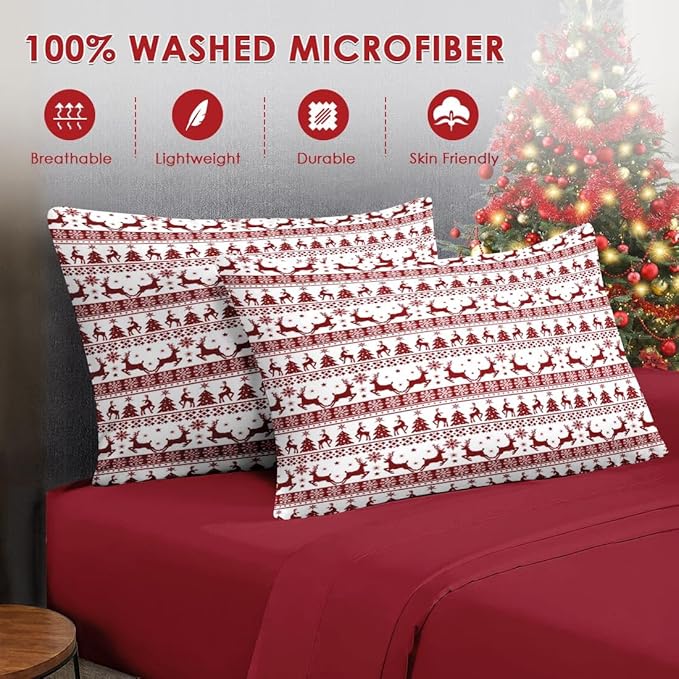 7 Pcs Full Size Christmas Comforter Set with 2 Pillowcases & 2 Shams, Red Winter Funny Reindeer Bedding for Kids and Adults, Pine Tree Snowflake Bed in a Bag with Flat Fitted Sheet