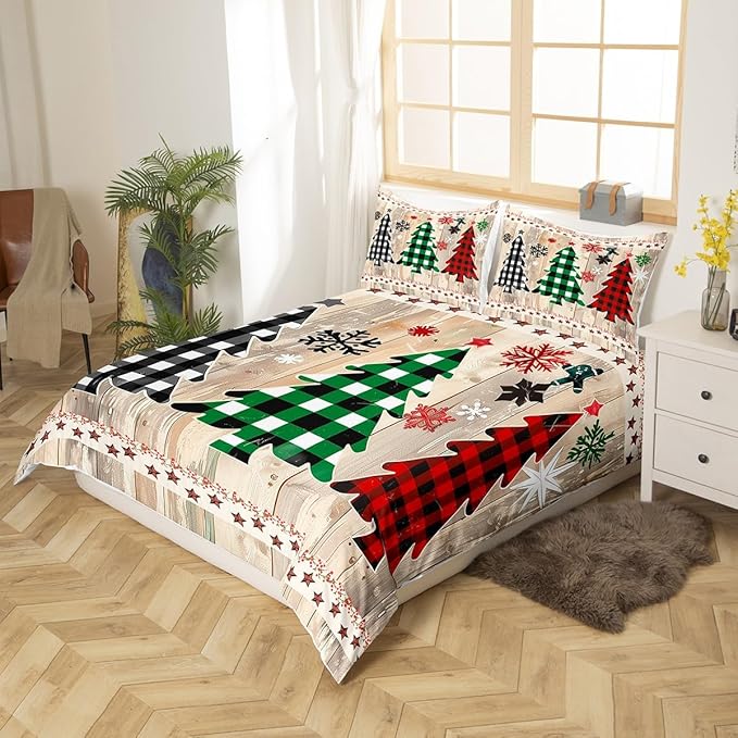 Manfei Xmas Plaid Trees Duvet Cover Set Queen Size, Western Texas Star Bedding Set 3pcs for Kids Boys Girls, Christmas Theme Comforter Cover Wooden Plank Quilt Cover with 2 Pillowcases,No Comforter