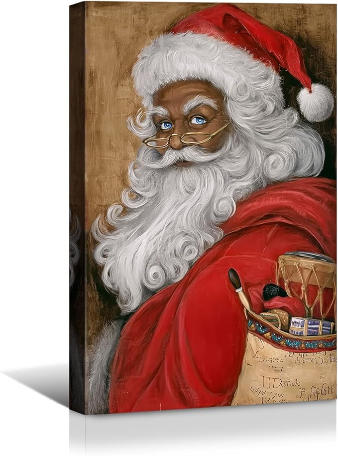 YONICA Christmas Canvas Wall Art Vintage Santa 20x30 Inch Retro Gift Bag with Toys - Large Framed Gallery Wrapped Traditional Decor