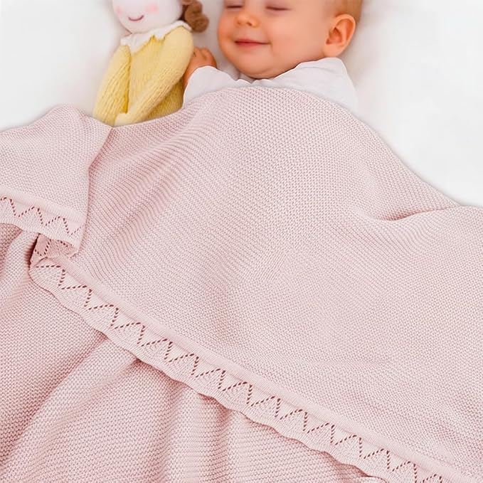 Baby Knit Blanket Soft Breathable Cotton Scallop Border Blankets Newborn Knitted Blanket Swaddle Blankets Gifts for Baby Newborn Toddler Shower Boy Girl New Mom Birthday Christmas Pink 28x36