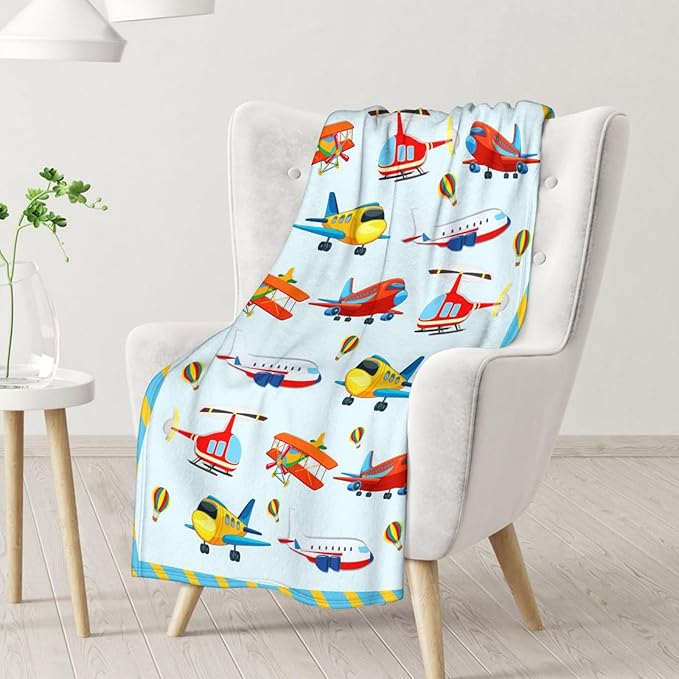 Cute Airplane Throws for Kids - 40" x 50" Inches Soft Cozy Throw Blanket Gift for Boys, Teens - Flannel Blankets for Crib, Couch, Sofa