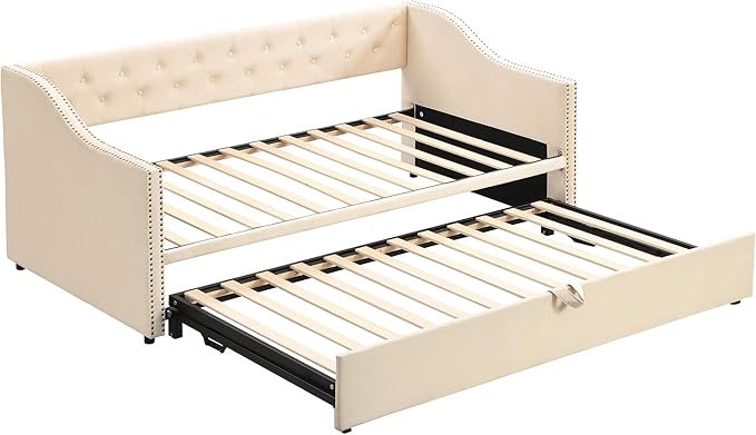 Merax Twin Size Upholstered Velvet Daybed with Pop Up Trundle, Multi-Functional Sofa Bed with Backrest and Two Armrest for Kids Room, Guest Room, Living Room, Beige