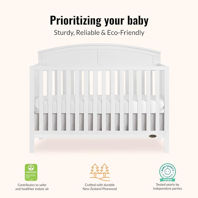 Dream On Me Storybrooke 5-in-1 Convertible Full-Size Baby Crib in White, GreenGuard Gold & JPMA, Convert to Toddler, Day & Full-Size Bed Sustainable Pinewood, 3 Mattress Heights