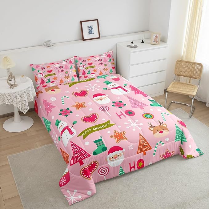 Merry Christmas Kids Comforter Set Queen Size,Cute Santa Claus Snowman Deer Bedding Set,Boys Girls Adults Room Decor,Snowflake Christmas Trees Down Comforter,Pink Xmas Duvet Insert,2 Pillowcases