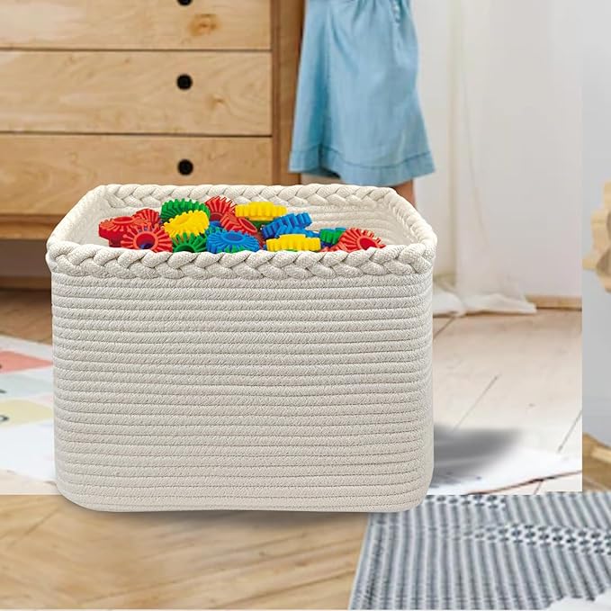 Rectangular Woven Cotton Rope Basket for Organizing, Gift Baskets for Handles, Empty Gift Baskets, Medium Rope Basket|13.5" x 11" x 9.5" home decor for Toys,Towels, Pillows,Clothing（White）