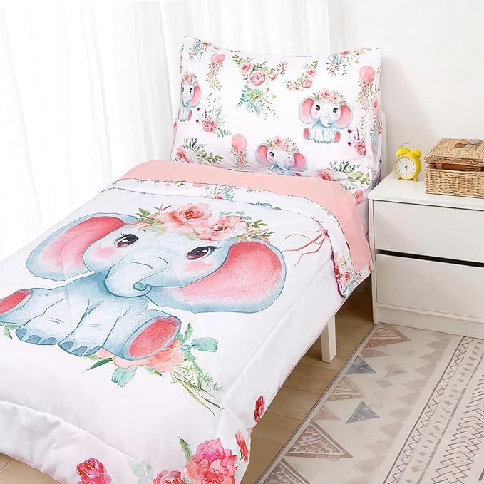 Toddler Bedding Set for Girls, Kids Comforter Set Pink Reversible, Ultra Soft & Lightweight Crid Bedding Set Includes Comforter, Flat Sheet, Fitted Sheet, Pillowcase (Elephant)