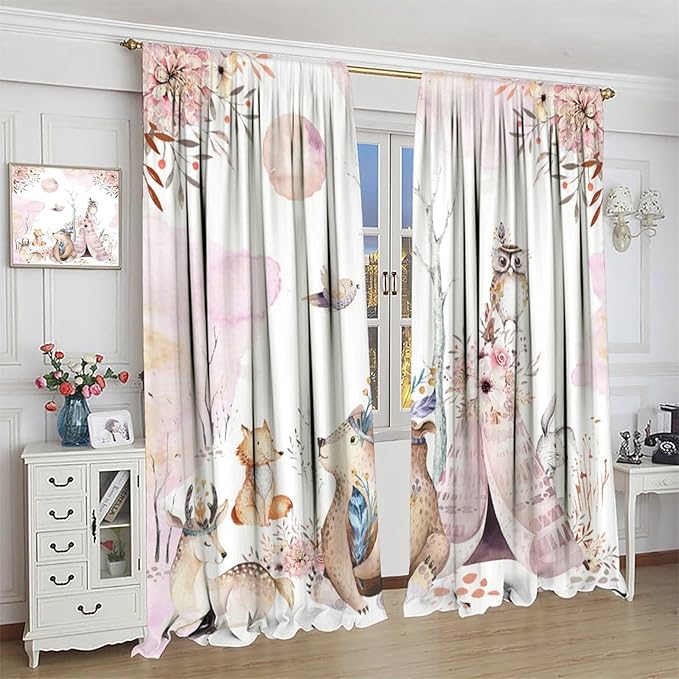 Forest Animal Curtains for Kids, Pink Watercolor Woodland Animal Window Treatments Fox Deer Owl Wildlife Safari Jungle Bear Window Drapes for Girls Nursery Toddler Bedroom 42x45in