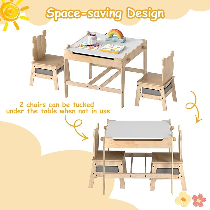 Costzon Kids Table and Chairs, 4 in 1 Wooden Activity Desk Set w/Reversible Whiteboard & Chalkboard, Hidden Storage Space and Drawers for Arts, Crafts, Play, Toddler Table and Chair Set (Bear Shape)