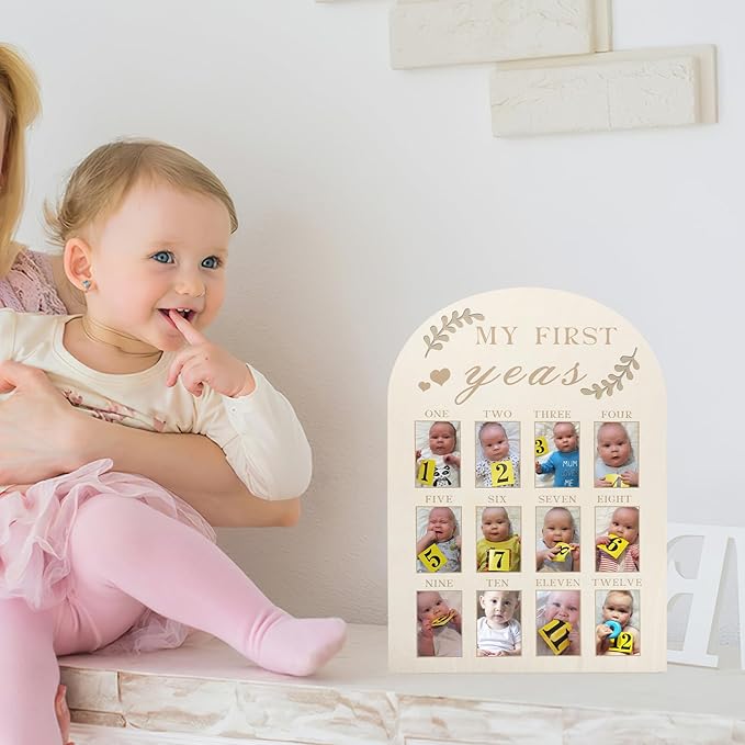 Wooden Milestone Photo Frame First Year Display Board for Newborns Months Keepsake with Sturdy Construction and Simple Design for Nursery Decoration
