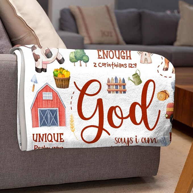 Farm Animal Blanket,Bible Verse Blanket, Christian Gifts, Cow Sheep Horse Chicken Dog Tractor Print Blankets,Cute Religious Gifts for Girls Boys,Farm Animals Lover Room Bed Decoration, 40"x50”
