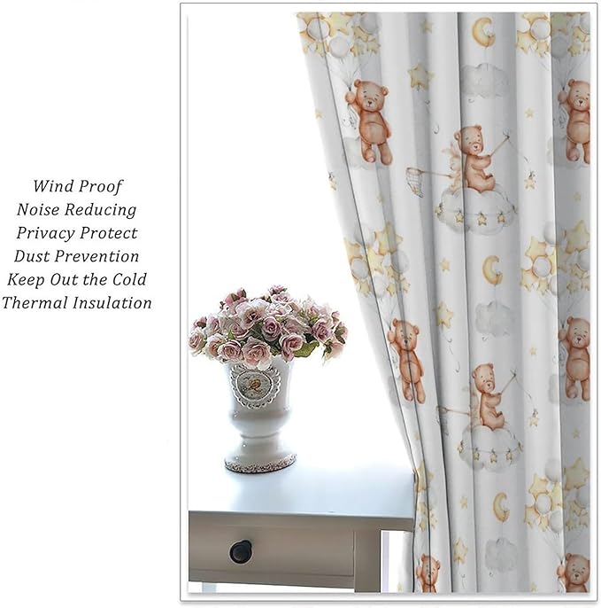 Cartoon Bear Curtains, Cute Lovely Bear Star Cloud Ballon Pastel Blackout Window Treatments, Rod Pocket Thermal Insulated Drapes 2 Panel Sets for Kids Bedroom Nursery Classroom, 42" W X 63" L