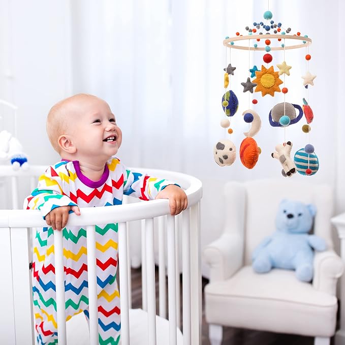 Glaciart One Space Nursery Mobile - Colorful Decor for Crib, Baby Rooms - Handmade, Child-Safe Wood, Felt Wool & Cotton - Solar System Decoration for Girls & Boys - 10x24Inch, 50Inch Hanging String