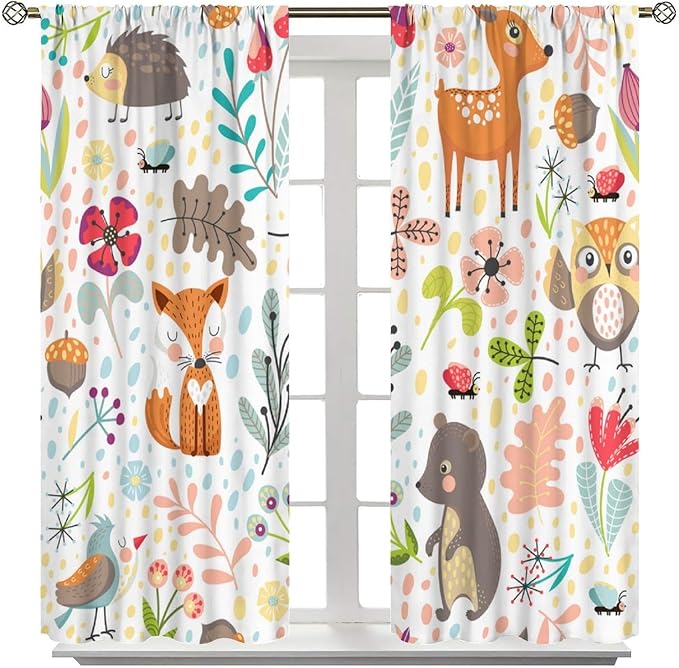 Jungle Animals Curtains, Cute Cartoon Animals Branches Blackout Window Treatments, Rod Pocket Thermal Insulated Drapes 2 Panel Sets for Kids Bedroom Nursery Classroom, 72" W X 63" L