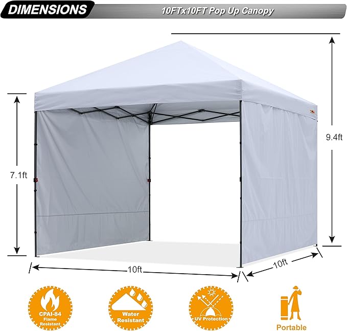 ABCCANOPY Easy Pop up Canopy Tent with 2 Sidewalls for Outdoor Sun Blocking or Rain Protection,10x10, White