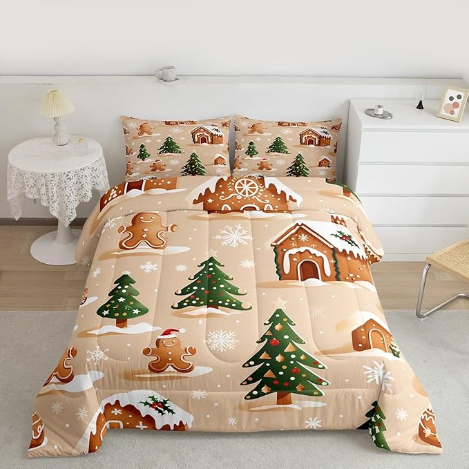 Feelyou Christmas Bedding Set Soft for Boys Girls, Gingerbread Man Comforter Set Toddler Size Snowflake Duvet Quilt Microfiber Xmas Tree Bedroom Decor 2 Pcs with 1 Pillow Cases
