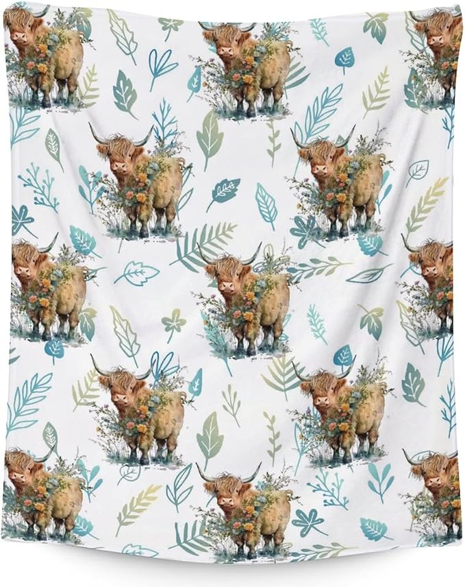 Highland Cow Blanket for Adults Women Girls - 80x60 Inches Cute Throw Blanket Gift for Mom Daughter Grandma Nana - Green Soft Fuzzy Cow Blankets for Bed Couch Sofa Travel
