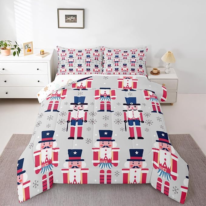 Feelyou Cute Nutcracker Comforter Set Queen Size Christmas Ornaments Bedding Set for Kids Boys Girls Xmas Snowflake Duvet Quilt Soldier Bedroom Decor Kawaii Microfiber 3 Pcs with 2 Pillow Cases