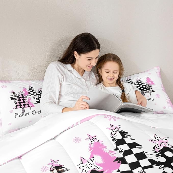 Manfei Xmas Trees Comforter Set King Size, Pink Plaid Grid Snowflake Down Comforter with 2 Pillowcases, Christmas Theme Bedding Set 3pcs for Kids Girls Adults Room Decor New Year Duvet Insert