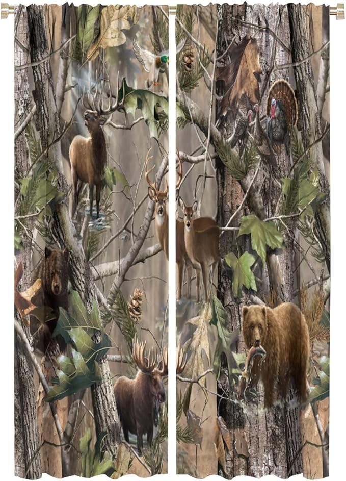 Retro Forest Window Curtains, Camouflage Hunting Tree Camo Rustic Deer Elk Bird Bear Blackout Rod Pocket Windows Door Curtain for Bedroom Living Room Home Decor 42x63in