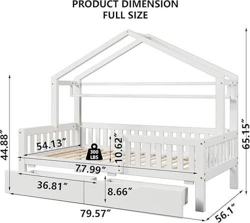Aoowow Full Size House Bed with Storage Drawers and Shelf, Kids Twin Bed Frame Wooden Platform Bed with Guardrails and Slats for Boys Girls Teens for Bedroom(White)