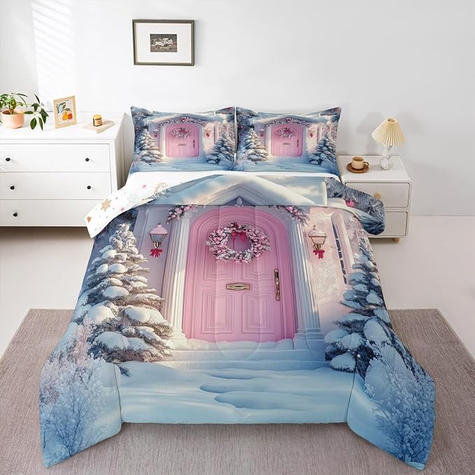Feelyou Merry Christmas Kids Comforter Set Twin Size Winter Snowscape Bedding Set Pink Door Duvet Quilt for Kids Boys Girls Bedroom Garland Xmas Tree Decor Microfiber Ultra Soft Breathable