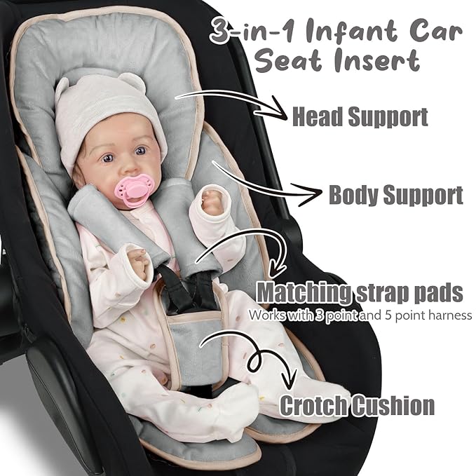 2 in 1 Infant Car Seat Insert Head and Body Support Set, Reversible Newborn Insert for Carseat with 3 Extra Strap Paddings, Soft Stroller Cushion Pillow Insert Girls, Fits for Stroller, Swing, Grey