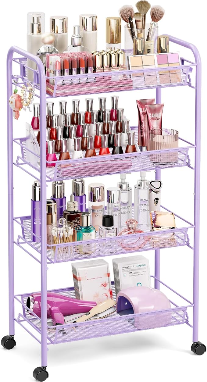 TOOLF 4-Tier Rolling Cart, Metal Utility Cart with 3 Hooks, Easy Assemble Mobile Storage Trolley On Wheels, Metal Shelving Units Kitchen Bathroom Laundry Room