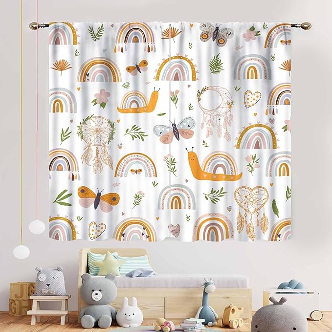 Boho Rainbow Curtains for Girls Bedroom, Bohemian Cute Lovely Butterfly Floral Rainbow Print Pastel Baby Kids Girls Bedroom Living Room Nursery Playroom Classroom Curtains for Windows, 52"x84" Inch
