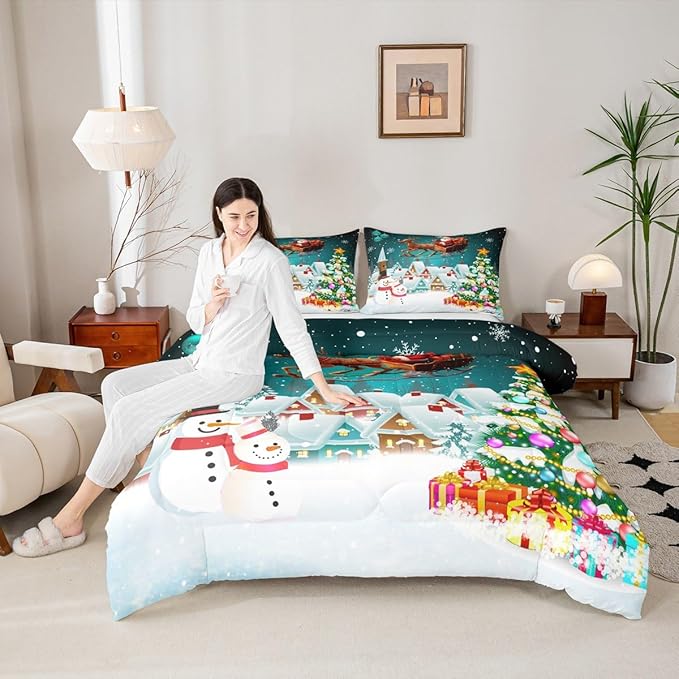 Manfei Christmas Comforter Set Full Size, Xmas Tree Snowman Bedding Set 3pcs for Kids Boys Girls Room Decor, Santa Claus with Reindeer Quilt Set New Year Theme Duvet Set with 2 Pillowcases