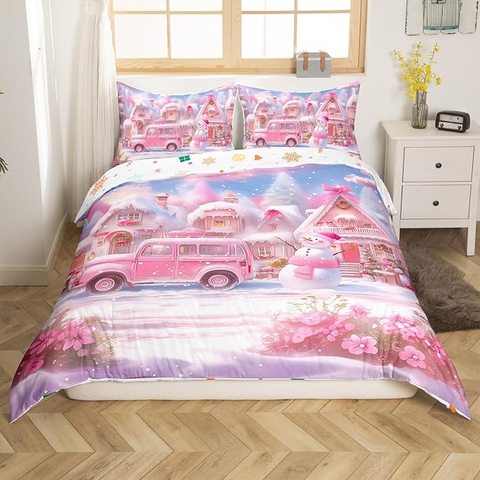Manfei Christmas Duvet Cover Set Queen Size, Pink Truck Flower Snowman Bedding Set for Kids Girls Room Decor, New Year Theme Comforter Cover, Lightweight Bedspread Cover, 2 Pillowcases, No Comforter