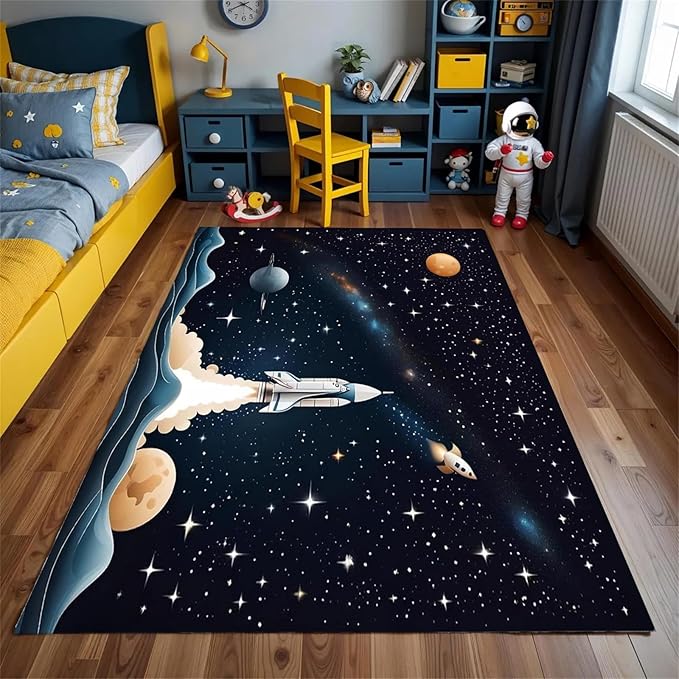 Space Children's Play Rug,5x6ft,Solar System Planet Rocket Play Mat Rug, Suitable for Boys and Girls, Home Decor,Educational Learning Play Area Rug,Suitable for Children's Bedroom Playroom