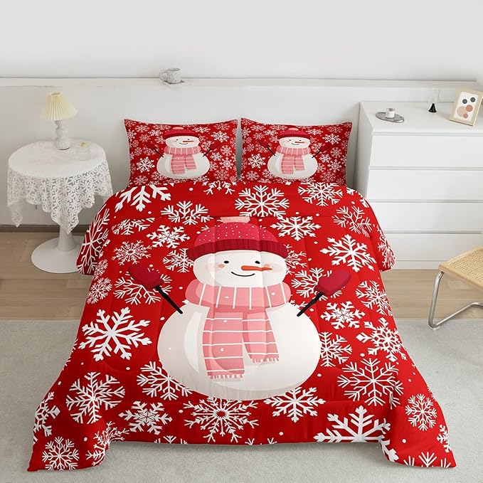 Feelyou Christmas Comforter Set All Season Snowman Red Bedding Set with 2 Pillow Cases Xmas Snowflakes Microfiber Kids Full Bedclothes Winter Snow Bedroom Decor Duvet Quilt Breathable Soft Lightweight