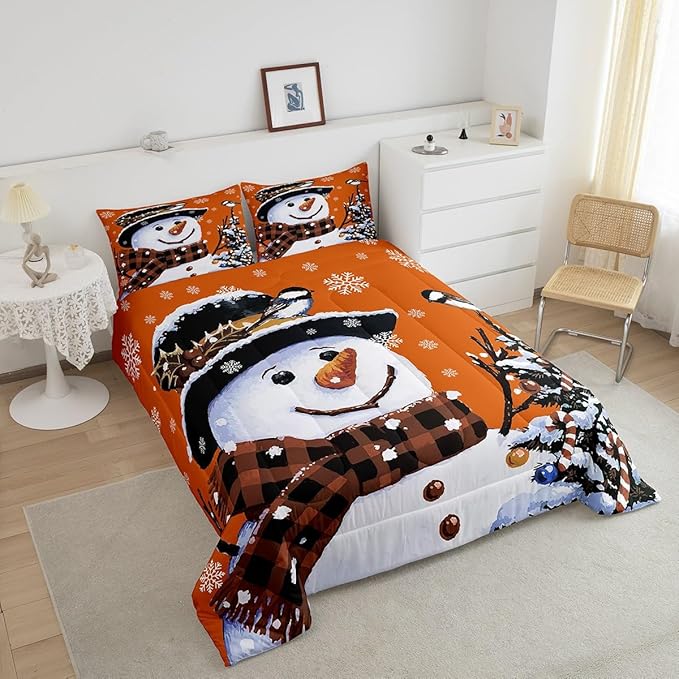 Feelyou Kids Christmas Theme Decorations Bedding Set Xmas Snowman Comforter Set for Boys Girls Snowflake Kawaii Cute Comforter Pumpkin Orange Quilt Set Bedroom Collection Full Size