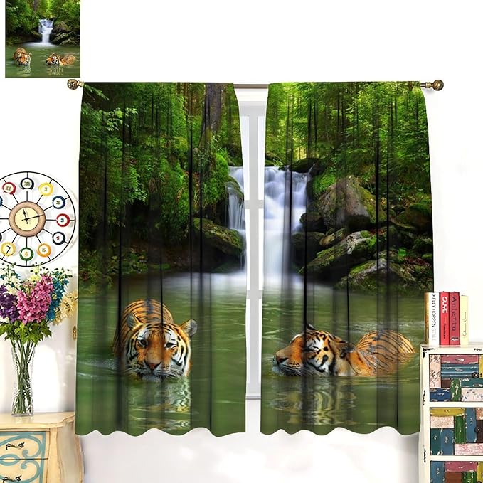 Forest Waterfall Landscape Blackout Window Curtains, Animals Tigers Waterfall Woodland Natural Window Drapes, for Living Room Bedroom 63" W X 72" L