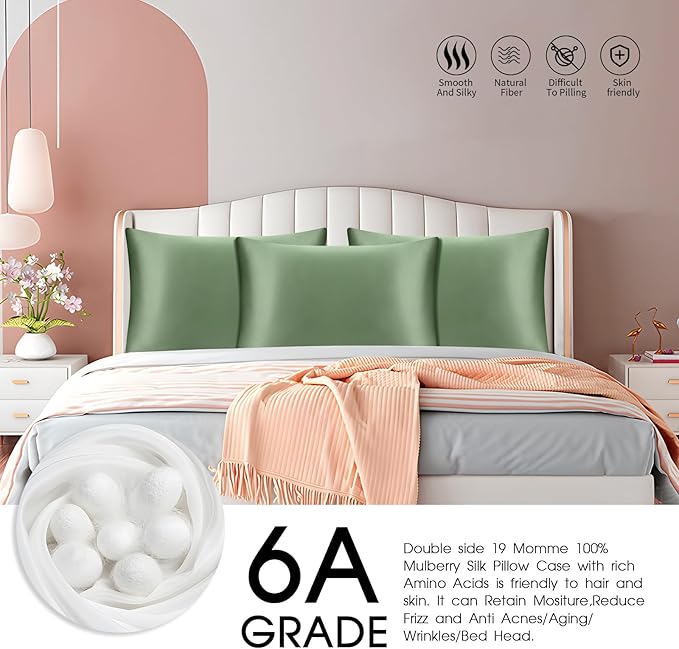 100% Mulberry Silk Pillowcase with Hidden Zipper,Both Sides Pure Silk Breathable Pillow Case for Hair and Skin,19 Momme Grade 6A,1pc,Sage Green,Queen Size 20x30 Inches