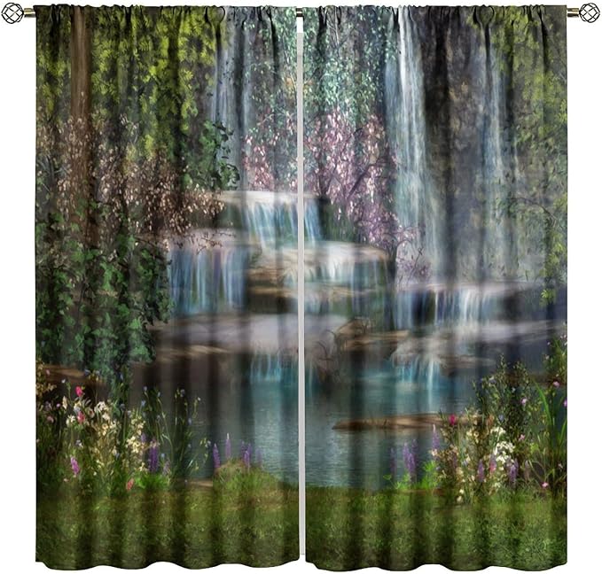 Natural Waterfall Blackout Window Curtains, Waterfalls Flowers Trees Landscape Window Drapes, for Living Room Bedroom 63" W X 63" L