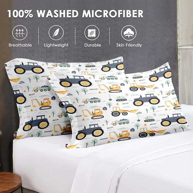 5 Pcs Twin Size Comforter Set with Pillowcase & Sham, Tractor Bedding for Kids and Adults, Construction Truck Bedding Set with Flat & Fitted Sheet