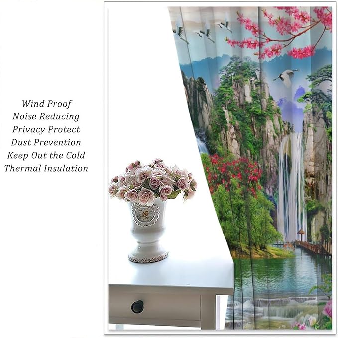 Waterfall Blackout Curtains, Forest Waterfall Rocky Lotus Fish Landscapes Print Window Drapes, for Living Room Bedroom 42" W X 45" L