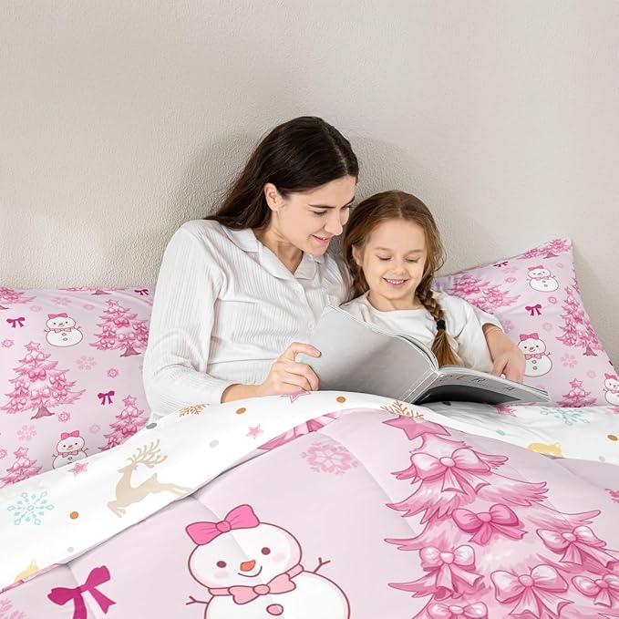 Feelyou Merry Christmas Bedding Set Soft for Boys Girls, Cute Snowman Comforter Set Queen Size Cartoon Bowknot Duvet Quilt Microfiber Christmas Tree 3 Pcs with 2 Pillow Cases