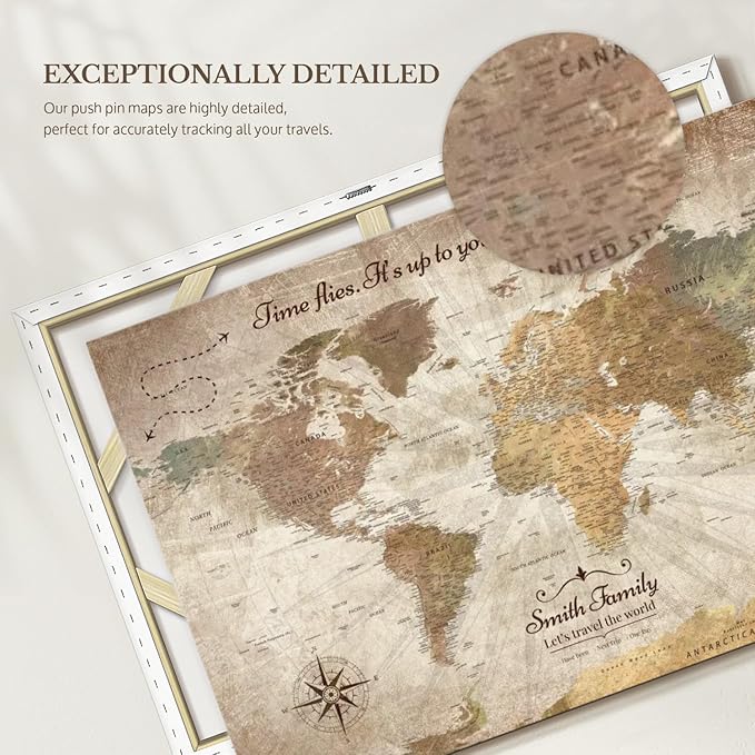 ElephantStock - Personalized Be The Navigator I Push Pin World Map Wall Art - Horizontal Canvas Wall Art - Living Room Wall Decor - Digital Art Map Canvas Art - Brown And Beige Decor - 51" x 34"