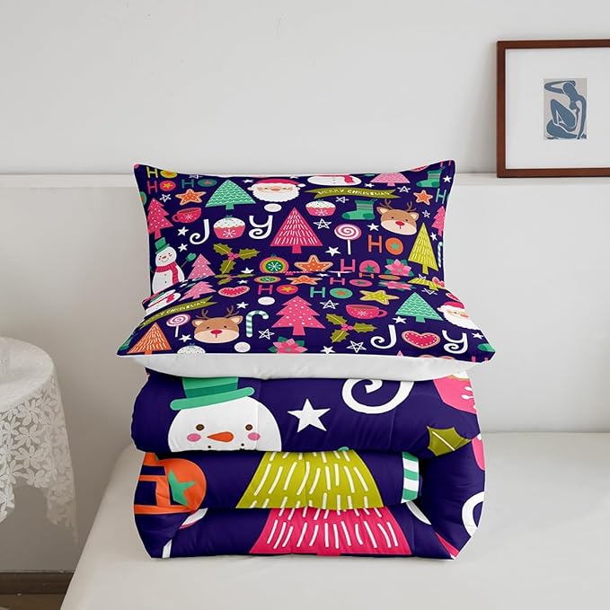 Merry Christmas Kids Comforter Set Queen Size,Cartoon Santa Claus Snowman Bedding Set,Boys Girls Adults Room Decor,Pines Deer Cute Xmas Down Comforter,Colorful Romantic Duvet Insert,2 Pillowcases