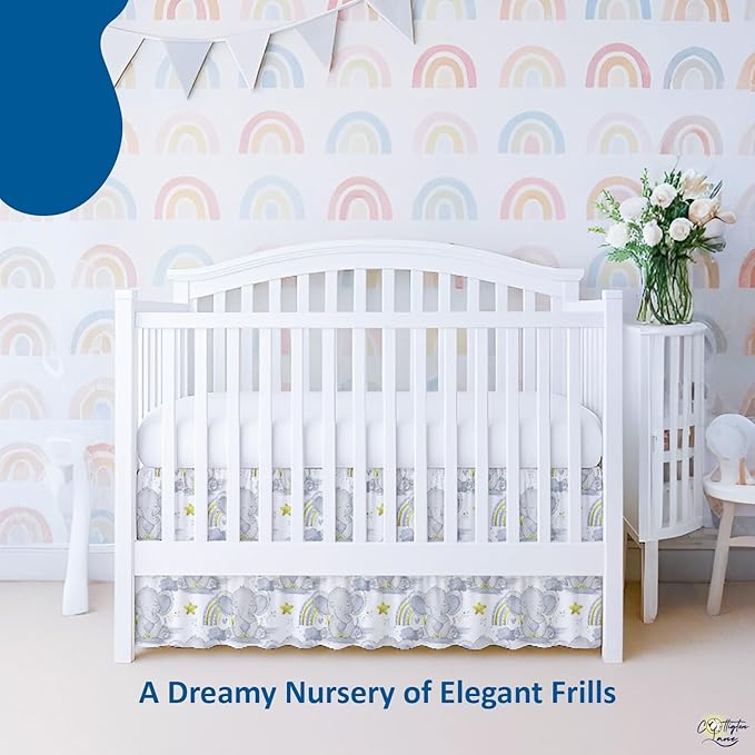 Cottington Lane Crib Skirt Dust Ruffle, 100% Natural Cotton, Soft, Durable Nursery Crib Toddler Bedding Skirt for Baby Girls or Boys, Fits Standard Cribs 28" x 52" with 14" Drop, Rainbow Safari