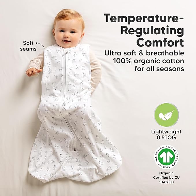 2-Pack Baby Sleep Sacks,Zipper Wearable Blanket-0.5TOG Organic Cotton,Lightweight, Soft Cozy Toddler Sleeping Sack 6-12 months, Easy to Wear Large Newborn Transition Swaddles Sleepsacks (ABC Land Sky)