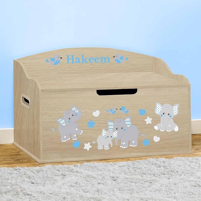 DIBSIES Personalized Creative Wonders Toy Box, Blue Elephants, 30 x 19.25 x 18 inches, Soft-Close Lid (Natural)