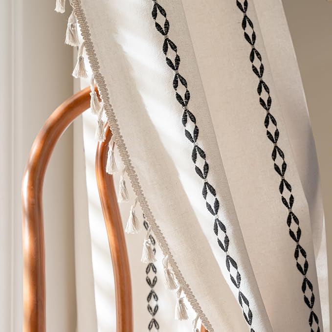 Deeprove Black and White Boho Curtains 84 inches Length for Living Room Bedroom Nursery, Vintage Chic Bohemian 84 inches Long Stripe Embroidery Farmhouse Tassel Privacy Window Decor W52 x L84, 1 Panel