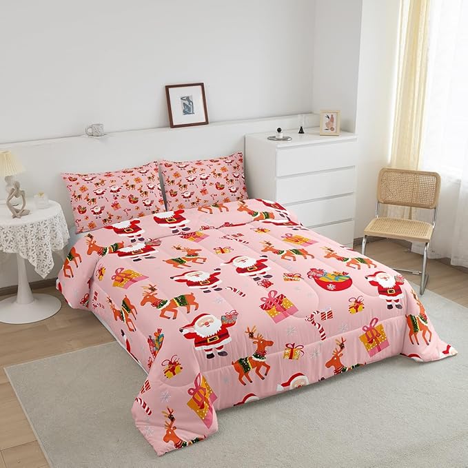 Feelyou Christmas Bedding Set for Kids Boys Girls Queen Size Santa Claus Comforter Set Ultra Soft Xmas Deer Elk Decor Comforter Duvet Quilt Bedroom Decor Christmas Decor Quilt