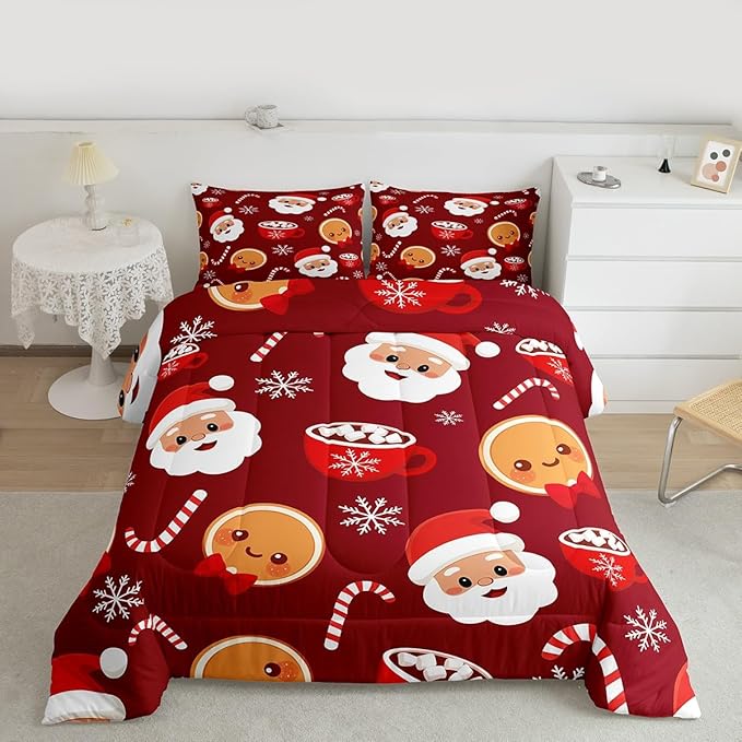 Feelyou Merry Christmas Comforter Set Full Size Santa Claus Bedding Set for Kids Boys Girls Gingerbread Man Duvet Quilt Snowflake Bedroom Decor Microfiber 3 Pcs with 2 Pillow Cases